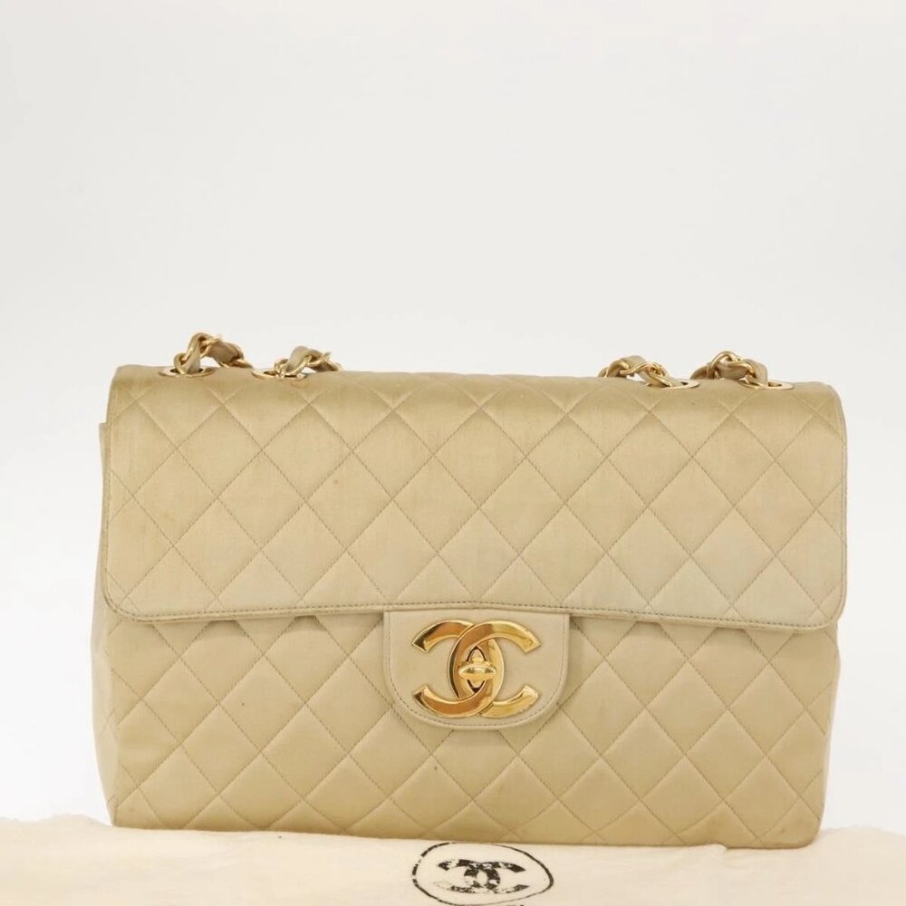 CHANEL Matelasse 34 Chain Shoulder Bag Satin Beige Gold CC Auth 150935 - Picture 2 of 15